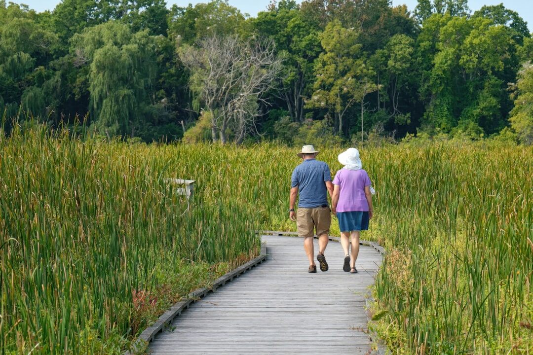 senior couple walking in park
